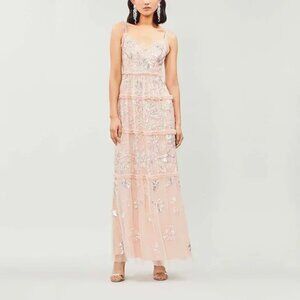 Needle & Thread Rose Quartz Floral Gloss Sequined Tulle V-Neck Evening Gown